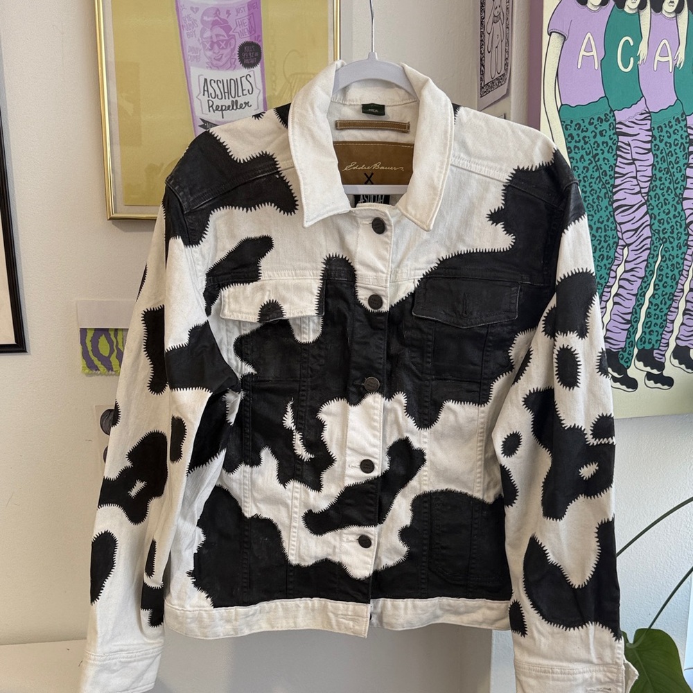 Eddie Bauer Hand painted Cow print Black and White Denim Jacket